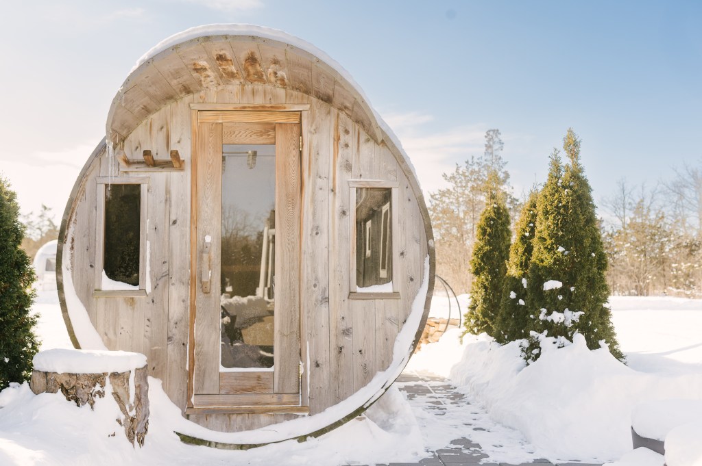 outdoor wood-burning sauna at Clarke Road Retreat, Pet-friendly group rental in Prince Edward County